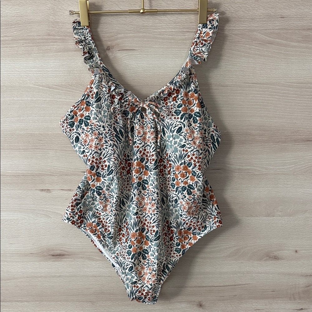Rylee + Cru Floral Ruffle Swimsuit in Orange and Gray XL - Picture 2 of 7